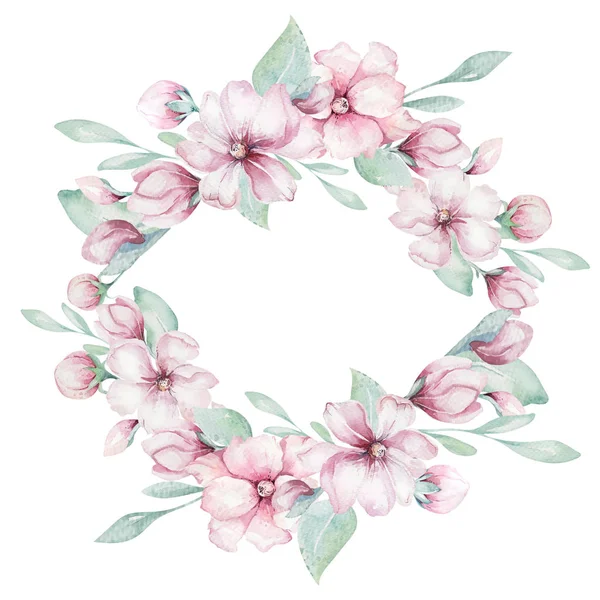 Ghirlanda Fiori Rosa Ciliegio Stile Acquerello Con Sfondo Bianco Set — Foto Stock