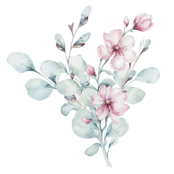 Στεφάνι Από Άνθη Ροζ Κεράσι Άνθη Στυλ Υδατογραφίας Λευκό Φόντο — Φωτογραφία Αρχείου
