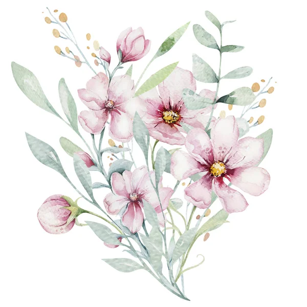 Krans Cherry Blossom Rosa Blommor Akvarell Stil Med Vit Bakgrund — Stockfoto