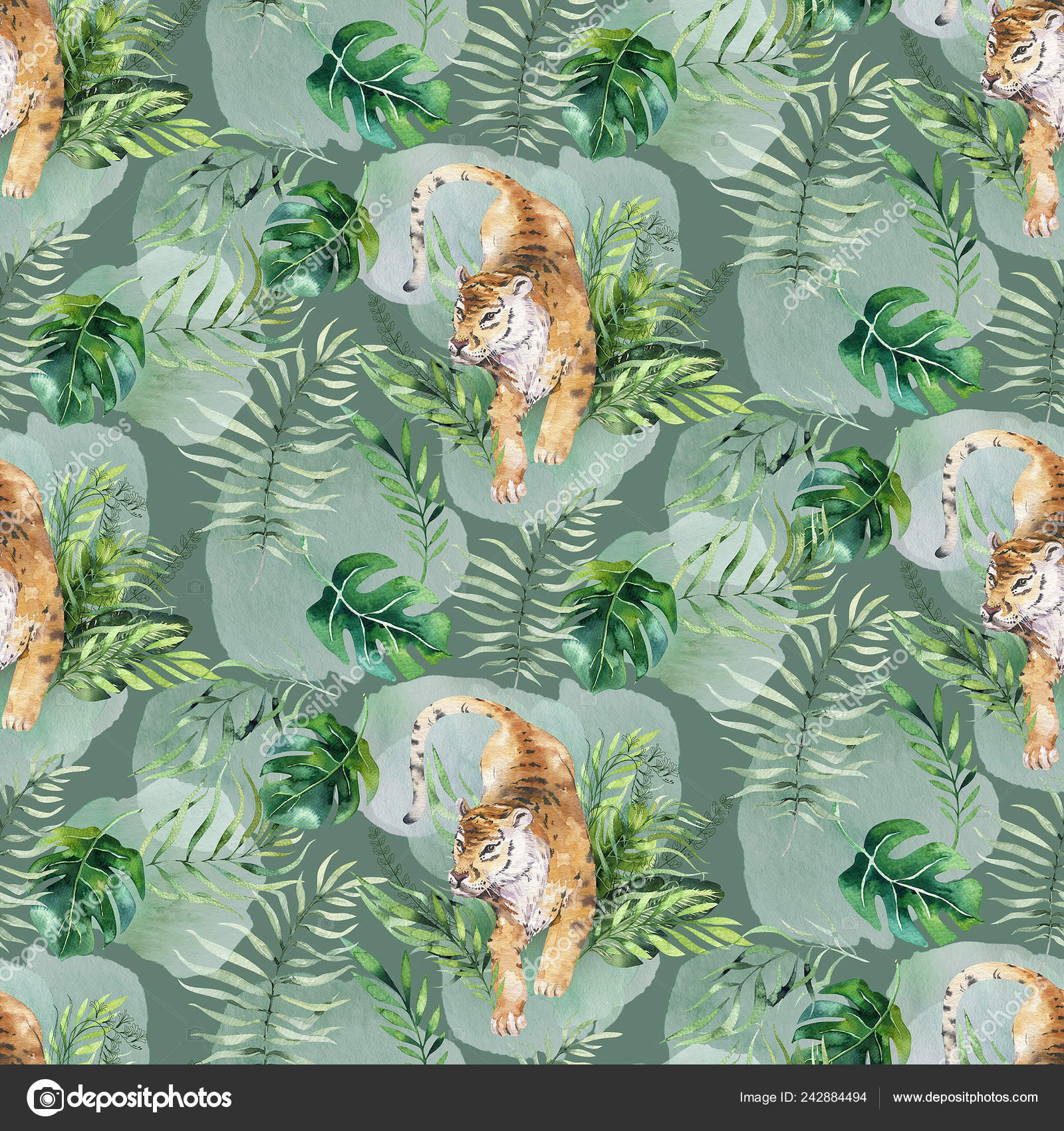 Seamless Watercolor Tiger Pattern Tigers Tropical Leaves Aloha Jungle Hawaiian Stock Photo Image By C Mykef