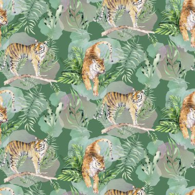 Sorunsuz suluboya kaplan desen tropikal yapraklarla kaplanlar ile aloha orman Hawaii. Palmiye yaprağı el boyalı. Tropic yaz arka plan, kağıt, tekstil veya duvar kağıdı tasarım sarma ile doku.