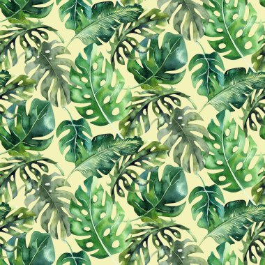 Tropikal Dikişsiz suluboya desen bırakır, aloha orman illüstrasyon. Palmiye yaprağı el boyalı. Doku kağıt, tekstil veya duvar kağıdı tasarım ambalaj arka plan olarak kullanılan tropic yaz zamanla.