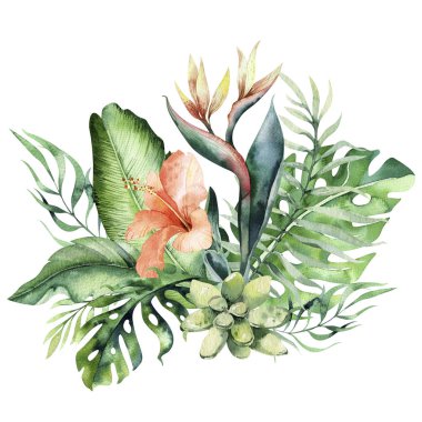El suluboya tropikal çiçek buketleri çekilmiş. Egzotik palmiye yaprakları, orman ağacı, Brezilya tropic botanik elemanlar ve çiçekler. Kumaş tasarım için mükemmel. Aloha koleksiyonu.