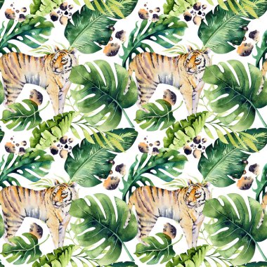 Sorunsuz suluboya kaplan desen tropikal yapraklarla kaplanlar ile aloha orman Hawaii. Palmiye yaprağı el boyalı. Tropic yaz arka plan, kağıt, tekstil veya duvar kağıdı tasarım sarma ile doku.