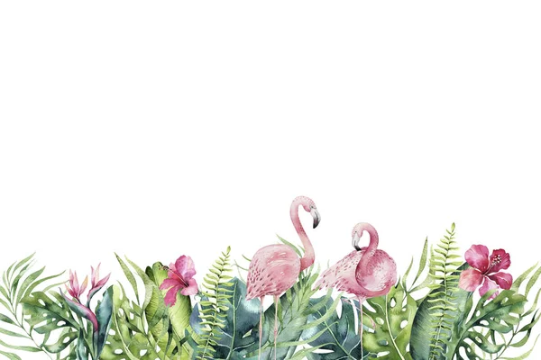 手绘水彩热带防动回生火烈鸟 外鸟插图 丛林树 巴西时尚的艺术 完美的面料设计 阿罗哈系列 — 图库照片