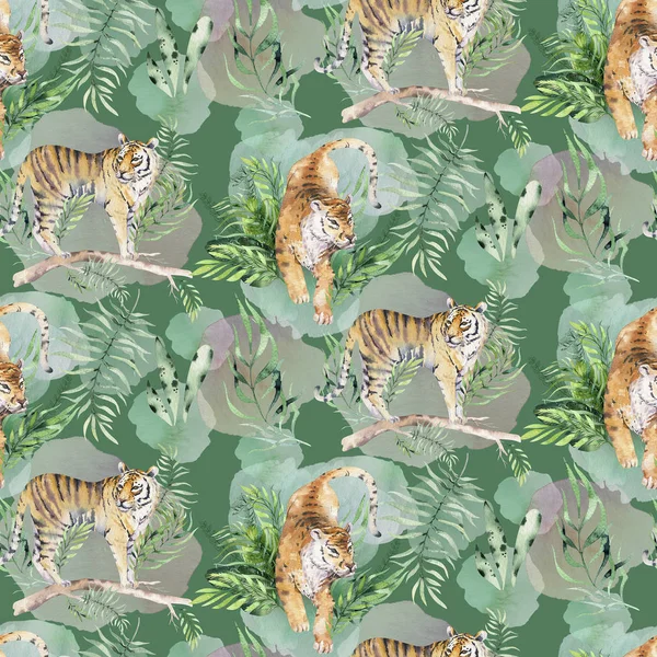 Бесшовный Акварельный Тигр Тиграми Тропическими Листьями Алоха Джунгли Гавайские Покрашенный — стоковое фото