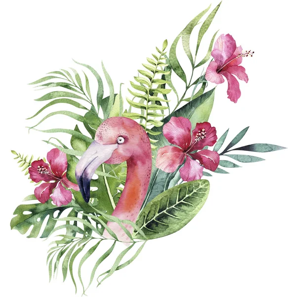 Hand drawn watercolor tropical birds set of flamingo. Exotic rose bird illustrations, jungle tree, brazil trendy. Perfect for fabric design. Aloha collection.