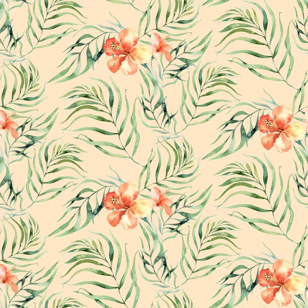 无缝水彩图案的热带树叶 阿罗哈丛林的插图 手绘棕榈叶 热带夏季时期的纹理 用作背景 包装纸 纺织品或墙纸设计 — 图库照片