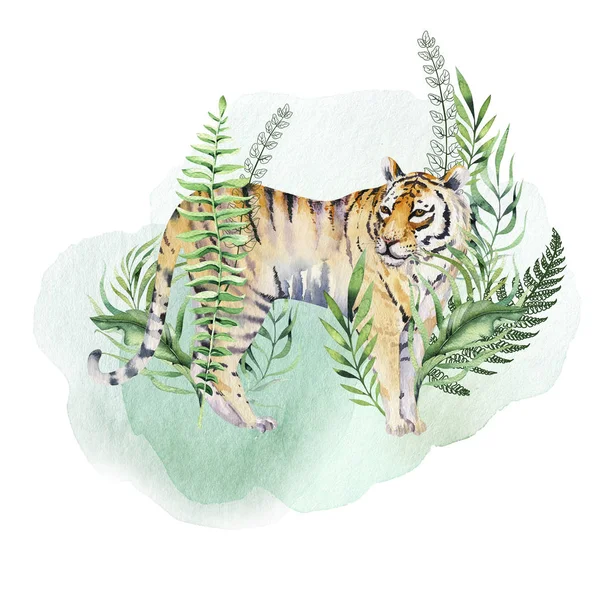 Akvarell Tigris Illusztráció Nyári Paradicsom Trópusi Levelek Nyomtatása Palm Növény — Stock Fotó