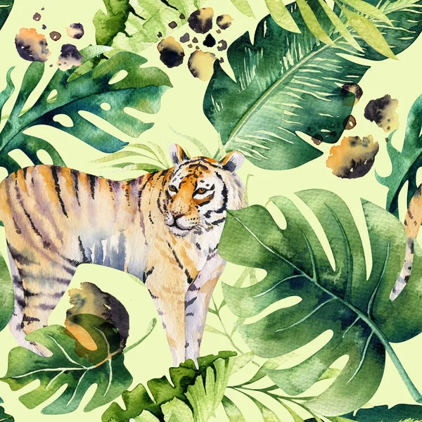 Seamless watercolor tiger pattern with tigers with tropical leaves, aloha jungle hawaiian. Hand painted palm leaf. Texture with tropic summer background, wrapping paper, textile or wallpaper design.