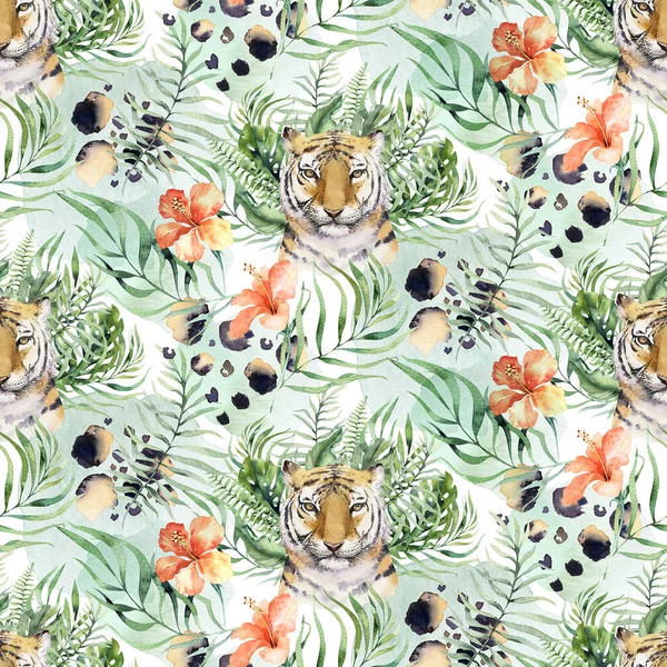 Seamless watercolor tiger pattern with tigers with tropical leaves, aloha jungle hawaiian. Hand painted palm leaf. Texture with tropic summer background, wrapping paper, textile or wallpaper design.