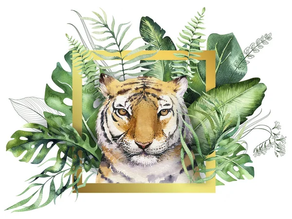 Illustration Tigre Aquarelle Imprimé Feuilles Tropicales Paradis Été Palmier Fleur — Photo