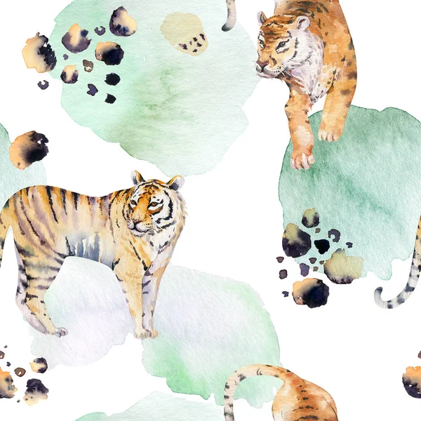 Modèle Tigre Aquarelle Sans Couture Avec Des Tigres Aux Feuilles — Photo