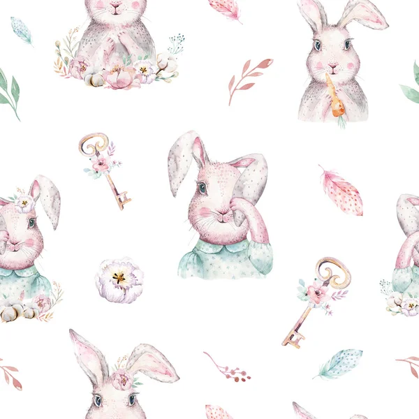 Ручной Рисунок Пасхальных Акварельных Кроликов Листьями Ветвями Перьями Индиго Акварель — стоковое фото