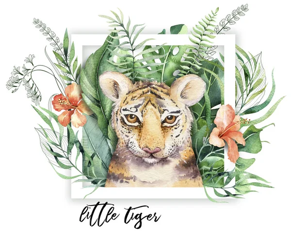 Ilustração Tigre Aquarela Verão Paraíso Folhas Tropicais Imprimir Palmeiras Flores — Fotografia de Stock