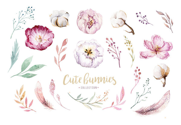 Ручной рисунок пасхальных акварельных листьев, ветвей и перьев. Индиго Акварель праздник кролика иллюстрация в винтажном стиле бохо
. 