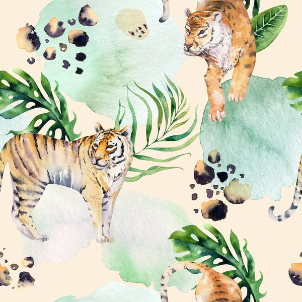 Seamless Watercolor Tiger Pattern Tigers Tropical Leaves Aloha Jungle Hawaiian — Stock Photo, Image