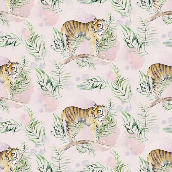 Seamless Watercolor Tiger Pattern Tigers Tropical Leaves Aloha Jungle Hawaiian — Stock Photo, Image