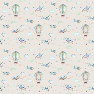 Suluboya sevimli çizgi ve fantezi gökyüzü sahne arka plan çizimi uçak, helikopter, uçak ve balonlar, bulutlar ile komple set. Çocuk seamless modeli. Onun bir bebek duş tasarım
