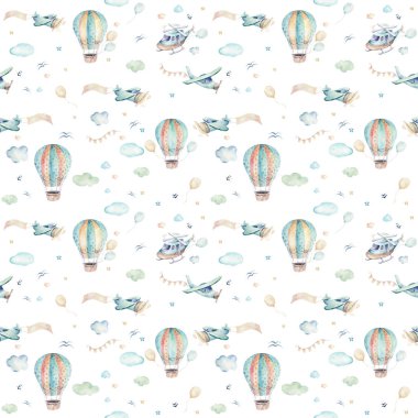 Suluboya sevimli çizgi ve fantezi gökyüzü sahne arka plan çizimi uçak, helikopter, uçak ve balonlar, bulutlar ile komple set. Çocuk seamless modeli. Onun bir bebek duş tasarım