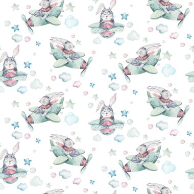El çizimi şirin Paskalya pilot bunny suluboya karikatür tavşan uçak gökyüzü Tekstil desen ile uçmak. Turkuaz suluboya Tekstil illüstrasyon dekorasyon