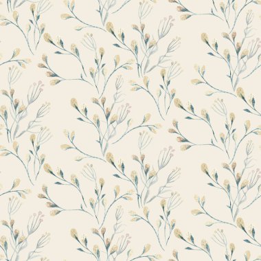Bahar willow çiçek ve yaprakları ile Seamless modeli. Kukum şube ile Paskalya elle çizilmiş arka plan. çiçek desenli duvar kağıdı veya kumaş için.