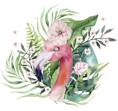 Elle çizilmiş suluboya tropikal kuşlar flamingo yaprakları ile kümesi. Egzotik gül kuş illüstrasyonlar, Orman ağacı yaprak, weddihg davet. Kumaş tasarım için mükemmel. Aloha koleksiyonu.