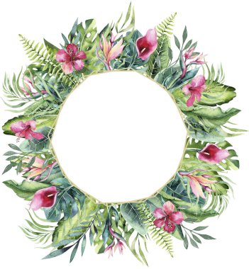 El ile flamingo suluboya tropikal altın florariums çekilmiş. Metin, orman backgraund mükemmel düğün Aloha davet için için egzotik florarium çerçeve resimler