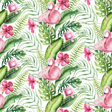 Elle çizilmiş suluboya tropik kuş flamingo seamless modeli. Egzotik kuş illüstrasyonlar, Orman ağacı, Brezilya moda sanat gül. Kumaş tasarım için mükemmel. Aloha koleksiyonu.