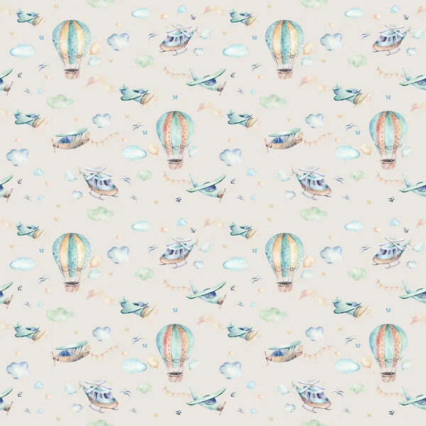 Watercolor set background illustration of a cute cartoon and fancy sky scene complete with airplanes, helicopters, plane and balloons, clouds. Boy seamless pattern. Its a baby shower design