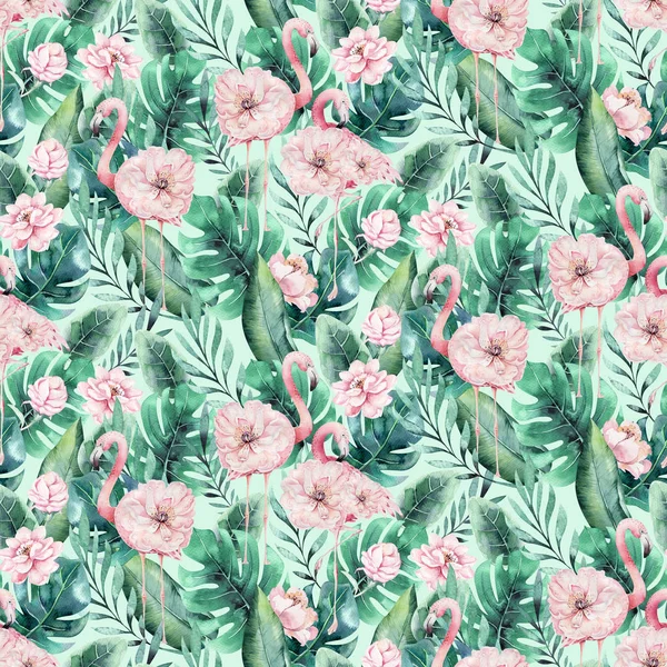 Hand drawn watercolor tropical bird flamingo seamless pattern . Exotic rose bird illustrations, jungle tree, brazil trendy art. Perfect for fabric design. Aloha collection.