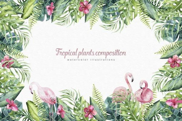 手描き水彩トロピカル invirtation フラミンゴの自然豊かなところです。エキゾチックなバラ鳥イラスト、ジャングルの木、ブラジル トレンディー。ファブリックの設計に最適です。アロハ コレクション. — ストック写真