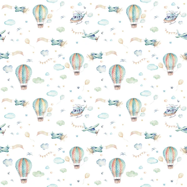 Aquarell gesetzt Hintergrund Illustration eines niedlichen Cartoons und Phantasie Himmel Szene komplett mit Flugzeugen, Hubschraubern, Flugzeug und Ballons, Wolken. Junge nahtlose Muster. Es ist ein Baby-Dusche-Design — Stockfoto