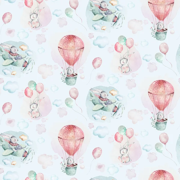 Ruční kresba létat roztomilé zajíčci akvarel kreslený pilotní zajíček velikonoční s letadlo a balón v sky textilní vzor. Tyrkysový akvarel textilní obrázek dekorace — Stock fotografie