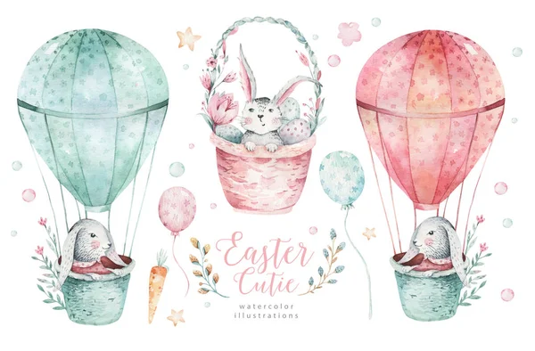 Acquerello disegnato a mano felice pasqua set con disegno coniglietti. Coniglio stile bohemien, uova isolate illustrazione su bianco. Carino bambino coniglietto illustrazione coniglio per la progettazione vivaio — Foto Stock