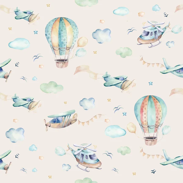 Suluboya sevimli çizgi ve fantezi gökyüzü sahne arka plan çizimi uçak, helikopter, uçak ve balonlar, bulutlar ile komple set. Çocuk seamless modeli. Onun bir bebek duş tasarım — Stok fotoğraf
