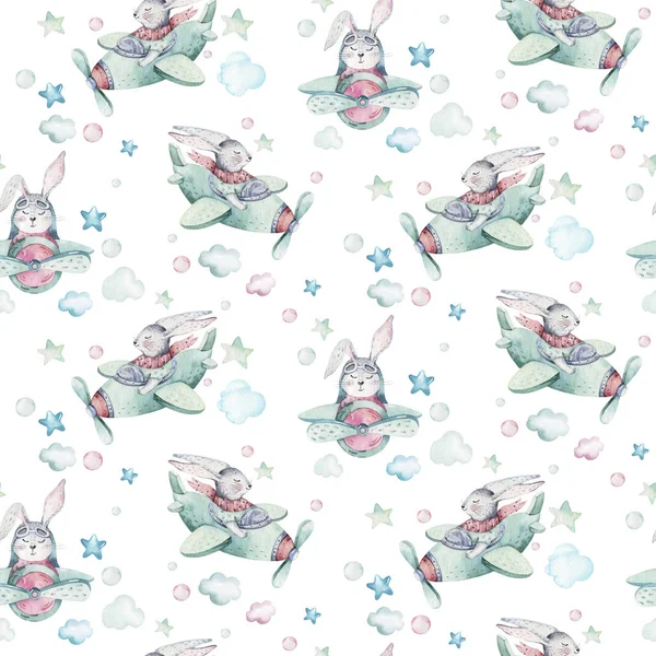 Ручной рисунок муха милый пасхальный пилот кролик акварель мультфильм кролики с самолетом в небо текстильной картины. Бирюзовый акварельный текстиль — стоковое фото