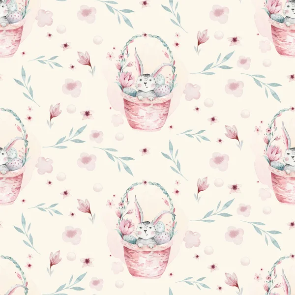 Una ilustración de primavera de acuarela del lindo conejito bebé de Pascua. Conejo dibujos animados animal patrón rosa sin costura con cesta —  Fotos de Stock