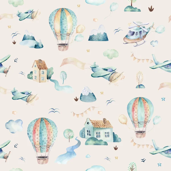 수채화는 비행기, 헬리콥터, 비행기, 풍선, 구름 완전 귀여운 만화와 멋진 하늘 씬의 배경 그림을 설정합니다. 소년 완벽 한 패턴입니다. 그 아기 샤워 디자인 — 스톡 사진