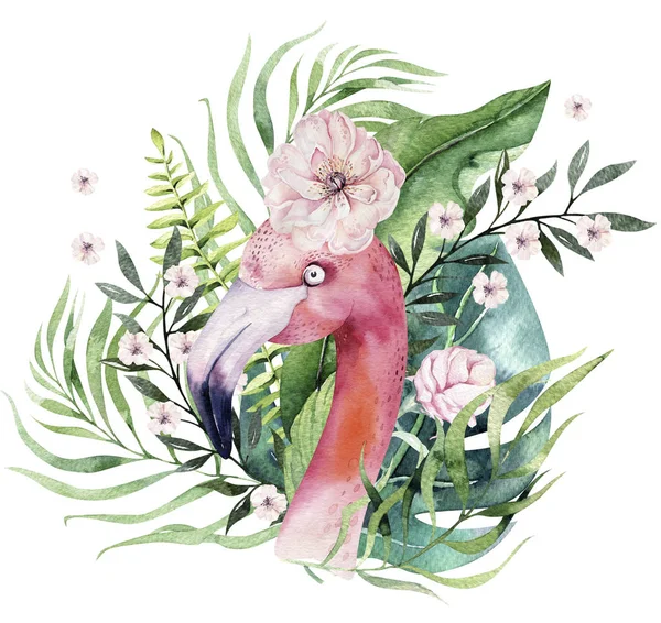 Elle çizilmiş suluboya tropikal kuşlar flamingo yaprakları ile kümesi. Egzotik gül kuş illüstrasyonlar, Orman ağacı yaprak, weddihg davet. Kumaş tasarım için mükemmel. Aloha koleksiyonu.