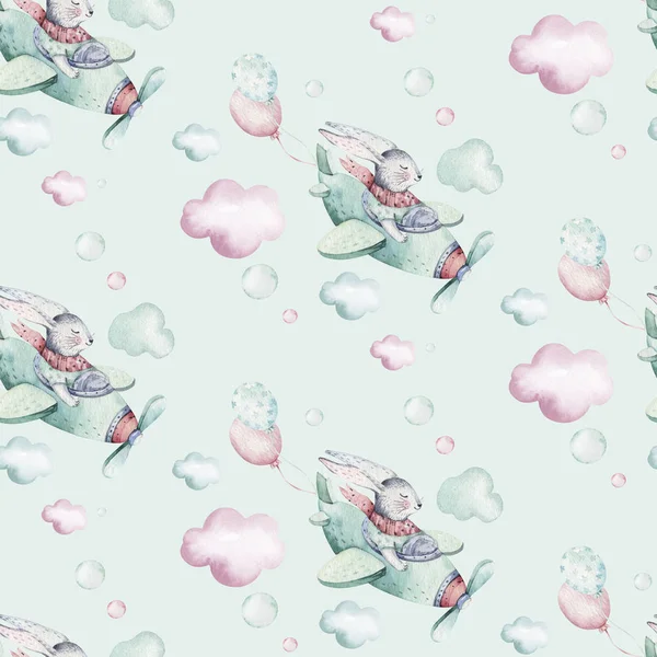 El çizimi şirin Paskalya pilot bunny suluboya karikatür tavşan uçak gökyüzü Tekstil desen ile uçmak. Turkuaz suluboya Tekstil illüstrasyon dekorasyon — Stok fotoğraf