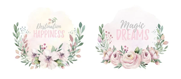 Hand getekend aquarel krans illustratie. Geïsoleerde botanische wreathes van groene takken en bladeren van de bloem. Lente en de zomer stemming. Bruiloft bloesem Floral Design elementen. — Stockfoto