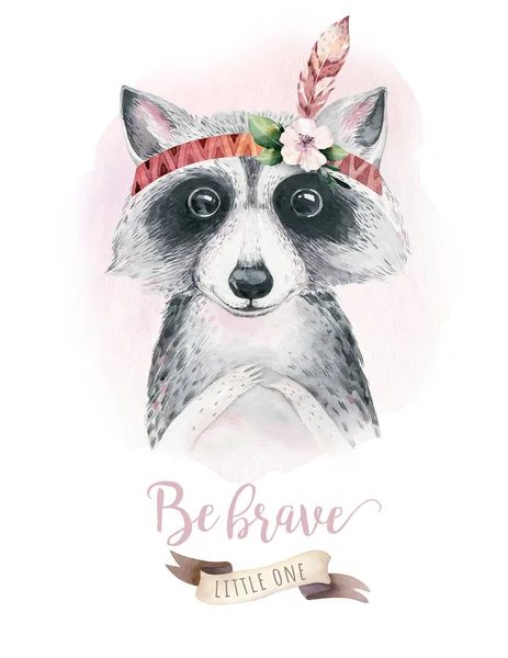 Watercolor cartoon isolated cute baby raccoon animal with flowers. Forest nursery woodland illustration. Bohemian boho drawing for nursery poster, pattern — Stock Photo, Image