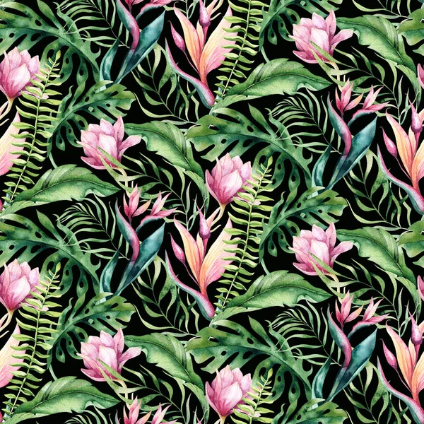 Hand dras akvarell tropisk fågel flamingo sömlösa mönster. Exotiska rose fågel illustrationer, djungeln träd, Brasilien trendiga art. Perfekt för tyg design. Aloha samling. — Stockfoto