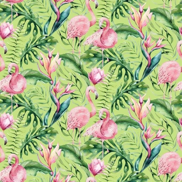 Acquerello disegnato a mano modello flamingo uccello tropicale senza soluzione di continuità. Illustrazioni esotiche di uccelli rosa, albero della giungla, arte di tendenza brasiliana. Perfetto per il design del tessuto. Collezione Aloha . — Foto Stock
