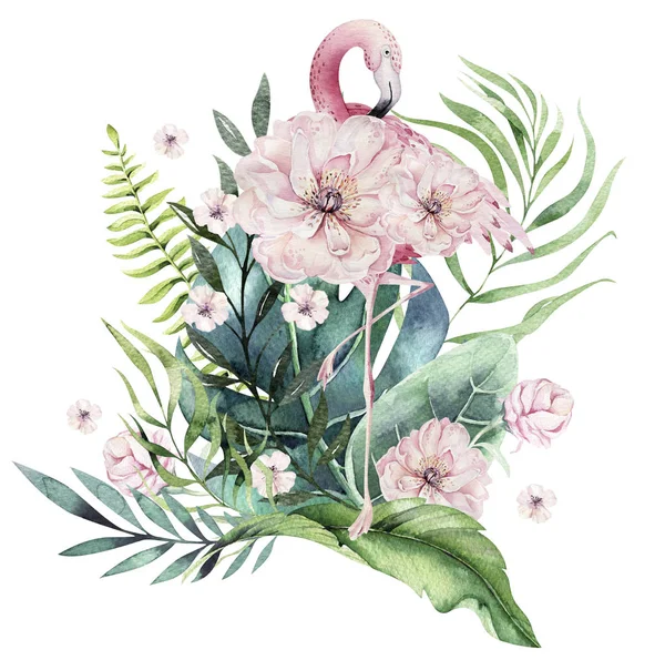 Acuarela dibujada a mano conjunto de aves tropicales de flamenco con hojas. Ilustraciones de pájaro rosa exótico, hoja de árbol de la selva, invitación de matrimonio. Perfecto para el diseño de tela. Colección Aloha . —  Fotos de Stock