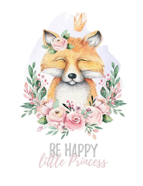 Desenhos animados aquarela isolado bonito bebê raposa animal com flores. ilustração floresta berçário bosque. Boho boêmio desenho para cartaz de berçário, padrão — Fotografia de Stock