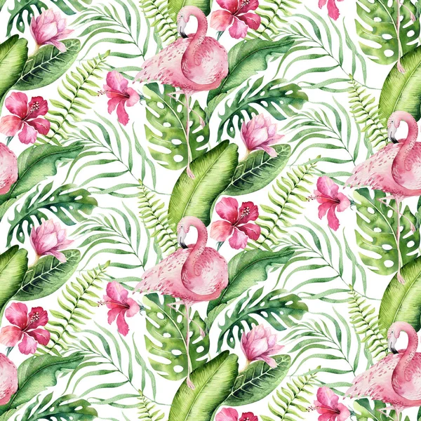 Hand drawn watercolor tropical bird flamingo seamless pattern . Exotic rose bird illustrations, jungle tree, brazil trendy art. Perfect for fabric design. Aloha collection.