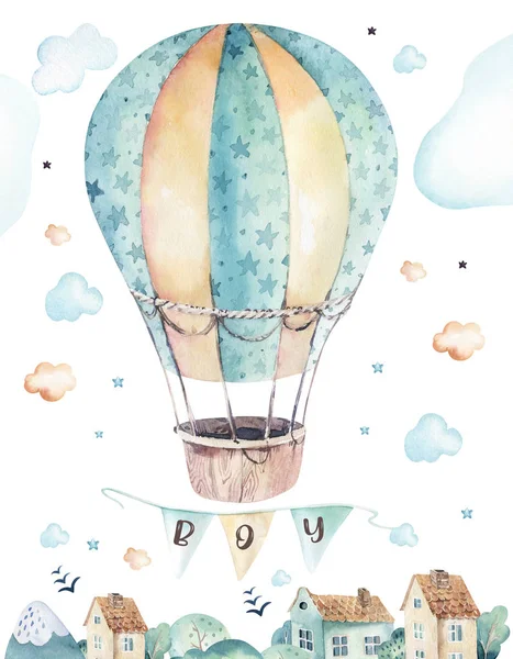 Aquarel instellen achtergrond illustratie van een leuke cartoon en fancy hemel scène compleet met vliegtuigen, helikopters, vliegtuig en ballonnen, wolken. Jongen naadloze patroon. Haar een baby douche ontwerp — Stockfoto