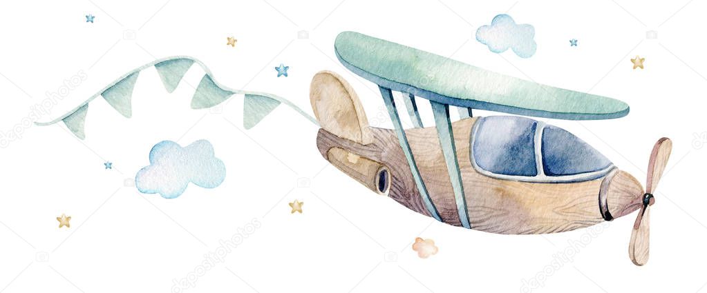 Watercolor set background illustration of a cute cartoon and fancy sky scene complete with airplanes, helicopters, plane and balloons, clouds. Boy seamless pattern. Its a baby shower design